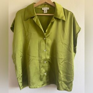Satin Button Down Blouse Size L Lime Sage Green Dressy